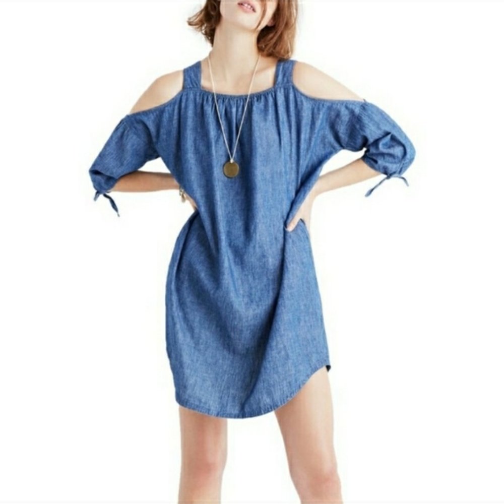 MADEWELL linen Chambray Cold-Shoulder Dress blue M